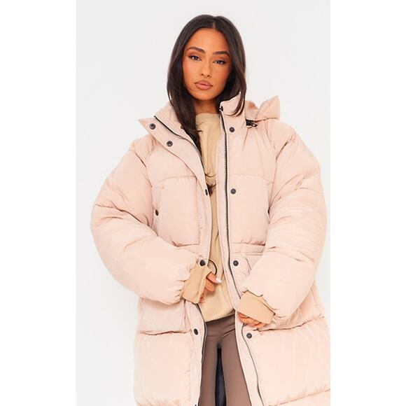 New Small $98 Longline Oversized Puffer Coat 2 Petite Khaki Tan Winter Jacket - Picture 5 of 5